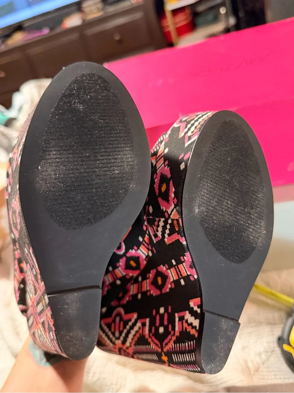 Pink & black platform wedges